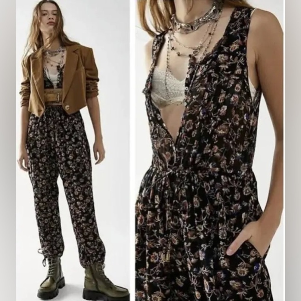 Free People Pink and Orange Ruched Tiered Jumpsuit